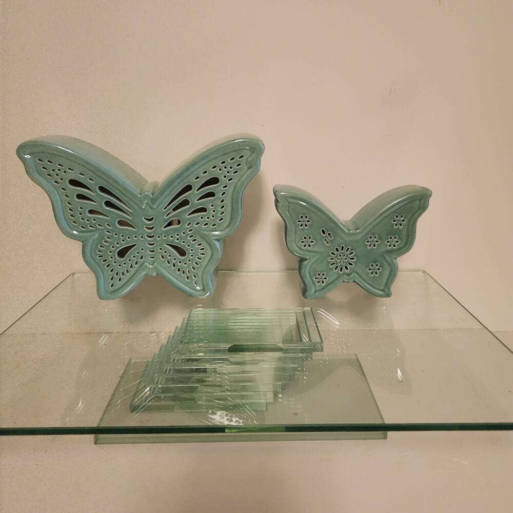 Set of 2 ceramic Battery Operated Butterfly Decor/light Tested Works